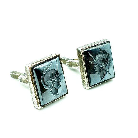 Hematite Roman Soldier Cuff Links, Trojan Spartan Carved Intaglio set in Sterlin - Picture 2 of 4